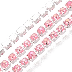 Pink Cadenas de tenis de imitación de perlas de hierro y plástico ABS, plaza, arco iris chapado, con carrete, plata, rosa, 2x2x2 mm, sobre 10 yardas / rodillo