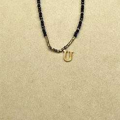 Letter U Женское ожерелье с подвеской из натуральной черной шпинели в форме круглой граненой буквы «Инициал» из нержавеющей стали, золотые, Буква U, 14.96 дюйм (38 см)