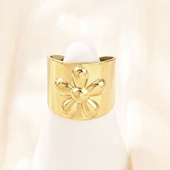Золотой 304 Открытые кольца-манжеты из нержавеющей стали с широким ободком для женщин, цветок, золотые, 17.5 мм, внутренний диаметр: 18 мм