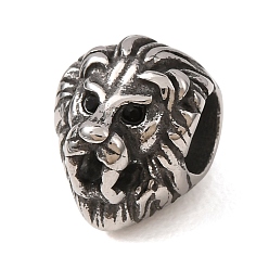 Jet 316 Surgical Stainless Steel European Beads, with Rhinestone, Large Hole Beads, Lion Head, Antique Silver, Jet, 10x9x12mm, Hole: 5mm