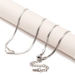 Нержавеющая Сталь Цвет Не тускнеет 304 плоская цепочка-змейка из нержавеющей стали с подвеской в виде сердца для женщин, цвет нержавеющей стали, 16.46 дюйм (41.8 см)