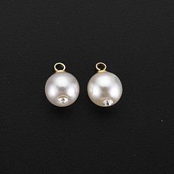 Creamy White ABS Plastic Imitation Pearl Charms, with Golden Plated Brass Loop and Crystal Rhinestone, Round, Creamy White, 12x8mm, Hole: 1.6mm