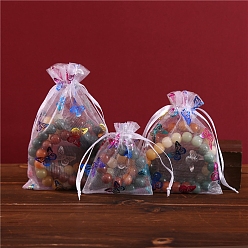 Бледно-Розовый Прямоугольные подарочные пакеты из органзы с бабочкой горячего тиснения и шнурком, розовый жемчуг, 15x10 см