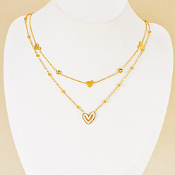Золотой 304 Двухслойные ожерелья для женщин с подвеской в форме сердца из нержавеющей стали с прозрачными и черными кубическими цирконами и натуральными белыми ракушками, золотые, 15.75 дюйм (40 см)