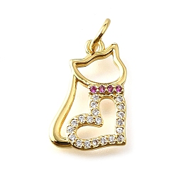 Cat Shape Латунные микро проложить кубического циркония подвески, с прыгающим кольцом, долговечный, без кадмия и без свинца, стойки покрытие, настоящий 18k позолоченный/платиновый, форма кошки, 15.5x10.5x1.5 мм