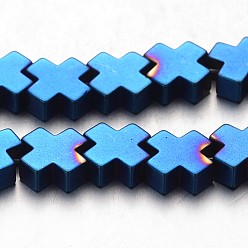 со Синим Покрытием Гальванизировать немагнитных синтетический гематит нитей бисера, крестик, с покрытием синим, 10x10x4 мм, отверстие : 1 мм, около 45 шт / нитка, 15.7 дюйм