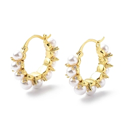 Настоящее золото 18K Серьги-кольца из прозрачного кубического циркония с жемчужными бусинами из абс-пластика, украшения из латуни для женщин, реальный 18 k позолоченный, 22x22.5x7 мм, штифты : 1.6~1.8 мм