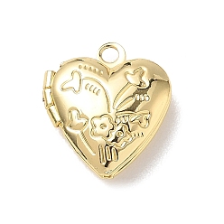 Настоящее золото 18K Латунные кулоны-медальоны ко Дню святого Валентина, подвески в виде сердца с цветочным узором, стойки покрытие, долговечный, без кадмия и без свинца, реальный 18 k позолоченный, 15.3x13.3x4.6 мм, отверстие : 1.6 мм, внутренний размер: 6.6x8