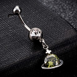 Olivgrün Piercing-Schmuck, umweltfreundlicher Nabelring aus Zirkonoxid aus Messing, Bauchringe, mit 304 Edelstahlleiste, Planet, Platin Farbe, olivgrün, 39x12 mm, Stange: 15 Spurweite(1.5mm), Stangenlänge: 3/8"(10mm)