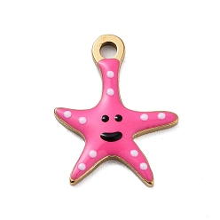 Ярко-Розовый Ионное покрытие (ip) 201 брелоки из нержавеющей стали, с эмалью, реальный 18 k позолоченный, морское животное, очарование морской звезды, ярко-розовый, 15x11.5x1.5 мм, отверстие : 1.6 мм
