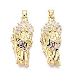 Настоящее золото 18K Религиозные латунные подвески с микропаве из прозрачного кубического циркония, святое очарование, реальный 18 k позолоченный, 37.5x15x6 мм, отверстие : 6x3 мм