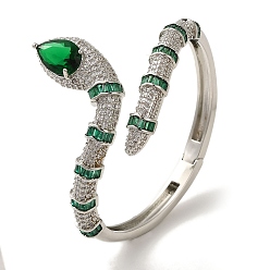 Platinum Brass Pave Green & Clear Cubic Zirconia Snake Open Cuff Bangle for Women, Platinum, Inner Diameter: 2-1/8x2-3/8 inch(5.25x5.95cm)