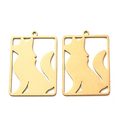 Golden 201 Stainless Steel Pendants, Rectangle with Fox Charms, Laser Cut, Cut-Out, Golden, 29x20x1mm, Hole: 1.5mm