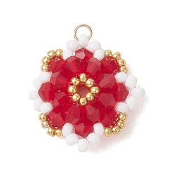 Красный Стеклянные подвески, цветочный шарм, с 304 открытыми соединительными кольцами из нержавеющей стали и бусинами, граненые, красные, 25~25.5x25~25.5x8 мм, отверстие : 2.7 мм