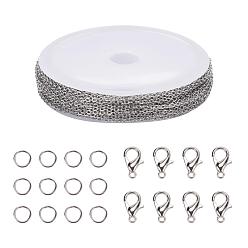 Stainless Steel Color 10M 304 Stainless Steel Cable Chains, Unwelded, Flat Oval, & 20Pcs Lobster Claw Clasps & 40Pcs Open Jump Rings, for DIY Chain  Making, Stainless Steel Color, 2x1.5x0.4mm