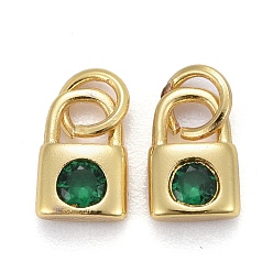 Sea Green Brass Micro Pave Cubic Zirconia Pendants, Long-Lasting Plated, Golden, with Jump Rings, Lock, Sea Green, 9x6x2.5mm, Hole: 3mm