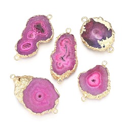 Средний Фиолетово-красный Гальванические соединители с естественным солнечным агатом, с латунной фурнитурой , окрашенные, золотые, самородки, средне фиолетовый красный, 30~50x15~30x5~7 мм, отверстие : 2~3 мм