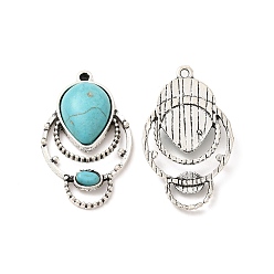Antique Silver Retro Alloy Pendants, with Synthetic Turquoise, Teardrop Charms, Antique Silver, 38x23x6.5mm, Hole: 2mm