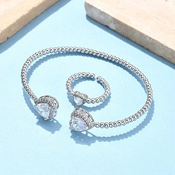 Прозрачный Комплекты браслетов и колец из латуни с микропаве из кубического циркония для женщин, стойки покрытие, платина, прозрачные, браслет: 3~12ширина мм, внутренний диаметр: 61x50 мм