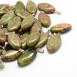 Унакит Лошади глаз природные Unakite подвески, с латунной фурнитурой платинового цвета, 27~30x12~15x5~6 мм, отверстие : 2x7 мм