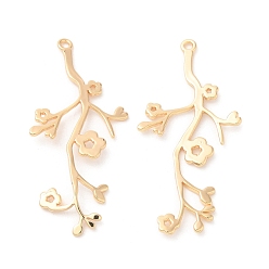 Настоящее золото 18K Латунные подвески, ветка с цветочным шармом, реальный 18 k позолоченный, 38x18x1 мм, отверстие : 1.4 мм