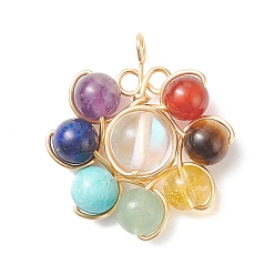 Mixed Stone 7 Chakra Gemstone Beaded Copper Wire Wrapped Pendants, Flower Charms, Light Gold, Mixed Dyed and Undyed, 29x26x8mm, Hole: 2.2mm