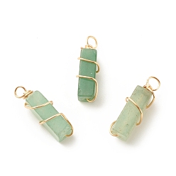 Green Aventurine Natural Green Aventurine Pendants, with Golden Tone Copper Wire Wrapped, Cuboid, 19~20x6x6mm, Hole: 2.5~3mm