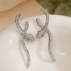 Платина Серьги-гвоздики в форме змеи из латуни с кубическим цирконием для женщин, платина, 43x12.5 мм