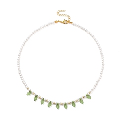Green Acrylic Leaf Charm Necklace with Imitation Pearl Beaded for Women, Green, 15.75 inch(40cm)