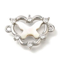 Платина Звенья из латуни с прозрачным кубическим цирконием в форме сердца, подвески-соединители в виде бабочек из натуральной ракушки, без кадмия, без никеля и без свинца, платина, 14.5x20.5x3.5 мм, отверстие : 1.2 мм