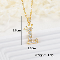 Letter L Латунные микропаве прозрачные кубические цирконии корона инициал кулон ожерелья, реальный 18 k позолоченный, Письмо L, 15.75 дюйм (40 см)