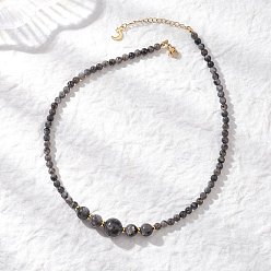 Larvikite Ожерелья из натуральных круглых градуированных бусин из ларвикита, с концевыми подвесками из нержавеющей стали, золотые, 15.59~15.75 дюйм (39.6~40 см)