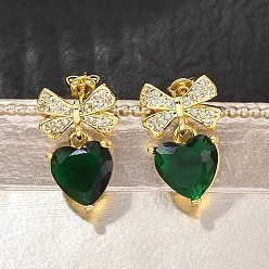 Verde Pendientes colgantes de latón con micro circonitas cúbicas para mujer, bowknot y corazón, con vidrio, larga duración plateado, chapado en rack, sin plomo y el cadmio, dorado, verde, 22.5x13 mm