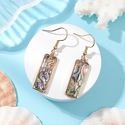 Rectangle Естественно Paua оболочки болтаться серьги, с 304 нержавеющей стали серьги крючки, золотые, прямоугольные, 44.5x9 мм