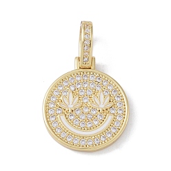 Белый Латунные микро проложить кубического циркония подвески, Эмаль стиле, без кадмия и без свинца, плоские круглые с улыбающееся лицо, золотые, белые, 21x18x2 мм, отверстие : 7x4 мм