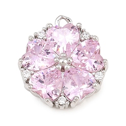 Platinum Brass Pave Pink Cubic Zirconia Pendants, Flower with Heart Charms, Rack Plating, Long-Lasting Plated, Lead Free & Cadmium Free, Platinum, 18x16x5mm, Hole: 1.5mm