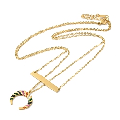 Golden Rhinestone Double Horn & Rectangle Pendants Double Layer Necklaces, Ion Plating(IP) 304 Stainless Steel Jewelry, Golden, 20.28 inch(51.5cm)