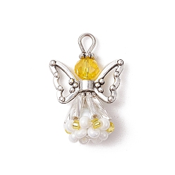 Желтый Граненые подвески стекла, ангельское очарование, с крылом из античного серебряного сплава и платиновой железной петлей, стеклянными бусинами и стеклянными жемчужными бусинами, желтые, 26x18x11 мм, отверстие : 2 мм