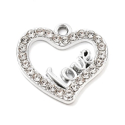 Платина Подвески из сплава и страза, УФ-покрытием, сердце любовью, платина, 19.5x20.5x2 мм, отверстие : 1.6 мм