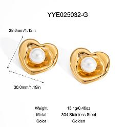 Золотой Серьги-гвоздики из нержавеющей стали в форме сердца, с пластиковой имитацией жемчуга, золотые, 28.6x30 мм