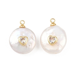 Прозрачный Подвески из латуни с микропаве из кубического циркония и натуральным жемчугом, плоский круглый с сердечками, стойки покрытие, долговечный, без кадмия и без свинца, реальный 18 k позолоченный, прозрачные, 17x12~13x8~10 мм, отверстие : 1.2 мм