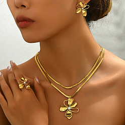Золотой Комплекты из серег, ожерелий и колец с полыми цветами из нержавеющей стали для женщин, золотые, ожерелья: 16.14 дюйм (41 см)