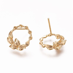 Real 18K Gold Plated Brass Ear Stud Components, Real 18K Gold Plated, Olive Branch, 13.5x14.5mm, Pin: 0.9mm