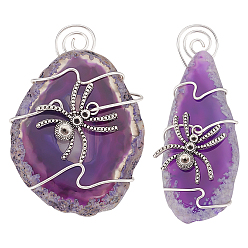 Античное Серебро & Серебро Медная проволока, обернутая натуральными необработанными грубыми агатовыми самородками, большие подвески, окрашенная и подогревом, с кулоном из сплава в виде паука со стразами, старинное серебро и серебро, подходят для 1 мм, 1.5 мм и 1.8 мм горный хрусталь, 64~74x20~50x8~10 мм, отверстие : 3.5~4 мм