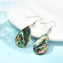 Stainless Steel Color 304 Stainless Steel Dangle Earrings, Teardrop, with Natural Paua Shell Pendants, Stainless Steel Color, 50~51x17mm