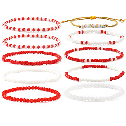 Красный 10шт. браслеты из стеклянного бисера и эластичного стекла, Регулируемые акриловые браслеты с бусинами для женщин, подходящие для игрового дня., красные, 6.89 дюйм (17.5 см) ~ 11.02 дюйм (28 см)
