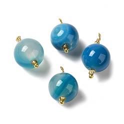 Dodger Blue Dyed Natural Agate Pendants, Round Charms with Real 18K Gold Plated Brass Loops, Dodger Blue, 20~20.5x11.5~12.5mm, Hole: 1.4~1.5mm