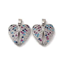 Платинированный Латунные микро проложить кубического циркония подвески, без кадмия, без никеля и без свинца, прелести из перьев, Реальная платина, 18.5x18x3 мм, отверстие : 2.5x4.8 мм