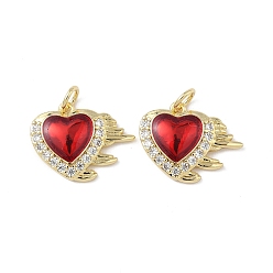 Настоящее золото 18K Подвески из латуни микропаве с фианитами и эмалью, сердце, стойки покрытие, долговечный, без свинца и без кадмия, с целью перехода в кольце, реальный 18 k позолоченный, 13.5x17x3 мм, отверстие : 3.2 мм