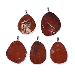 Красный Камень Природные красной яшмы подвески, латунные подвески в виде самородков в оправе, с кнопкой на поруки, платина, 41~67x27~42x4~11 мм, отверстие : 7x3.5 мм